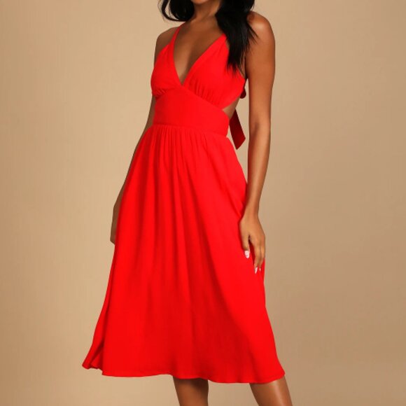 Lulus Dresses & Skirts - Lulu's Small Bold New Look Bright Red Tie-Back Midi Dress With Pockets